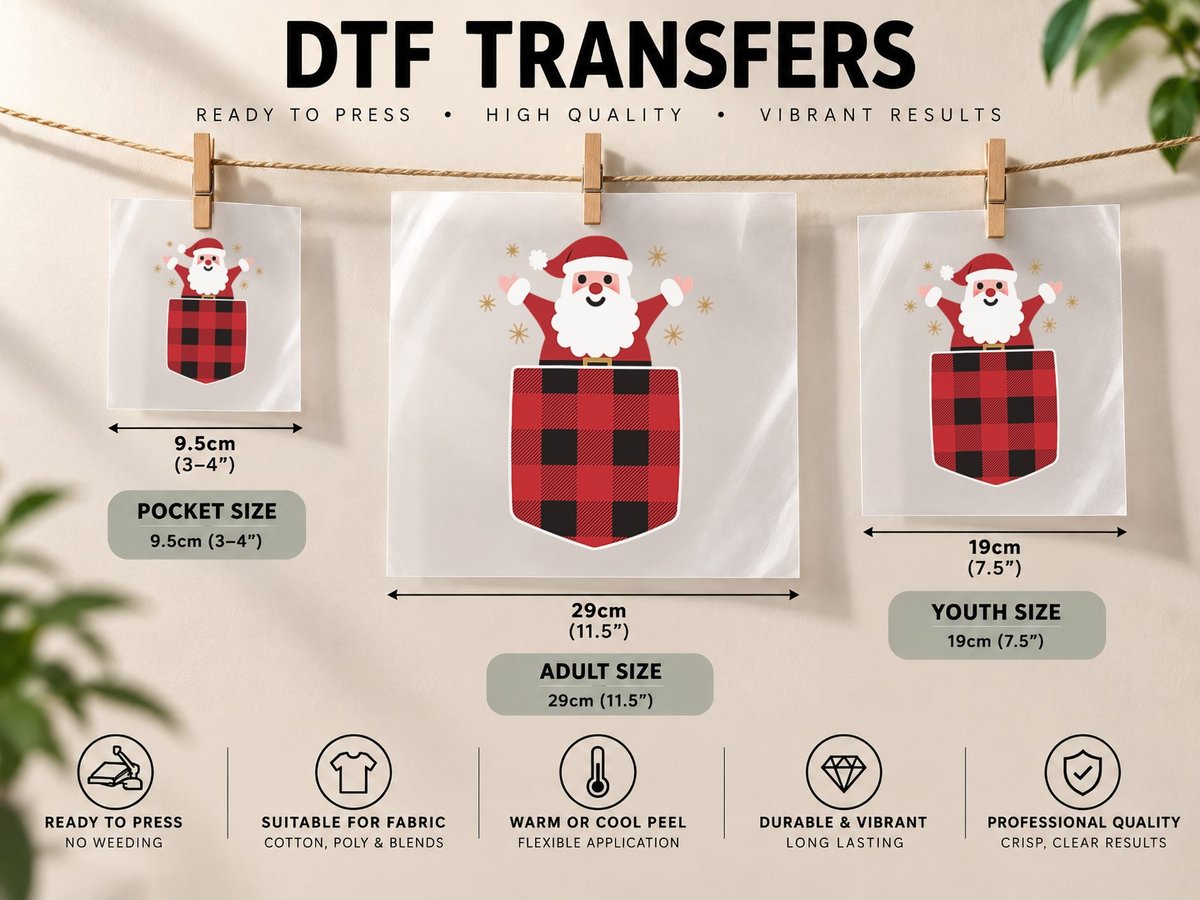 Santa Claus in Red & Black Buffalo Plaid Pocket Christmas DTF Transfer Iron On
