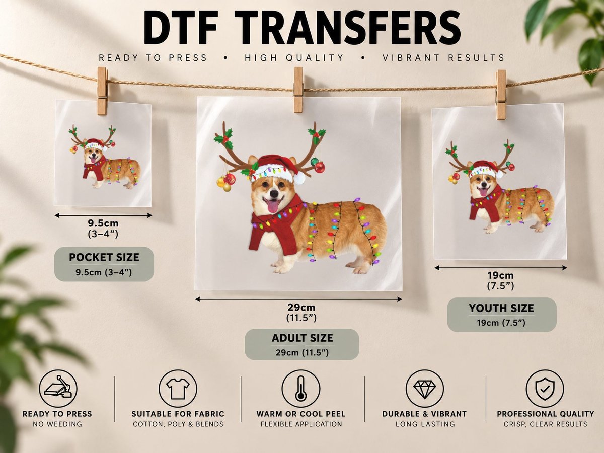 Santa Corgi Reindeer Light Christmas, Festive Wear DTF Transfer Iron On