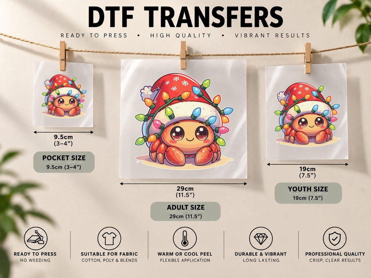 Santa Hat Christmas Fairy Lights Hermit Crab DTF Transfer Iron On