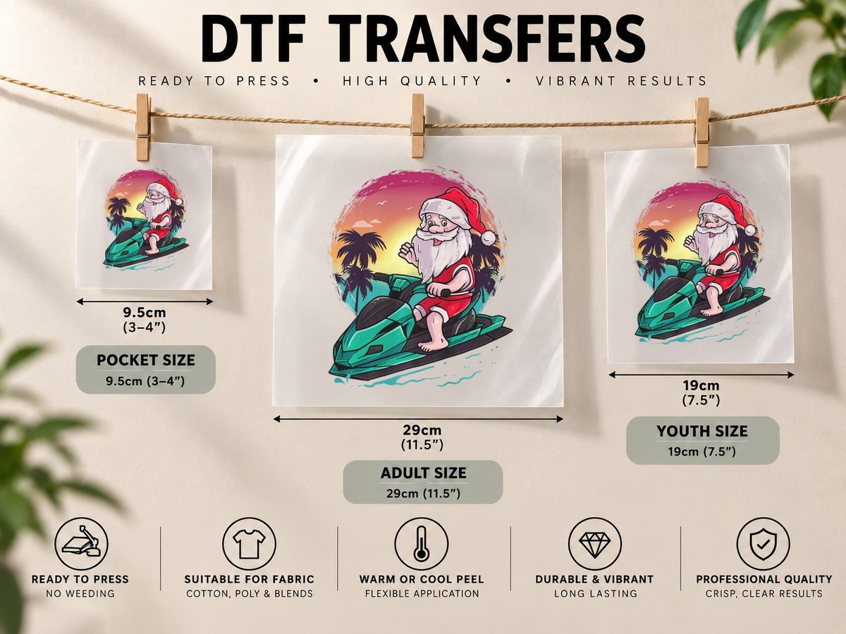 Santa Jet Boat Ski, Santa Claus Vacation, Christmas in July DTF Transfer Iron On