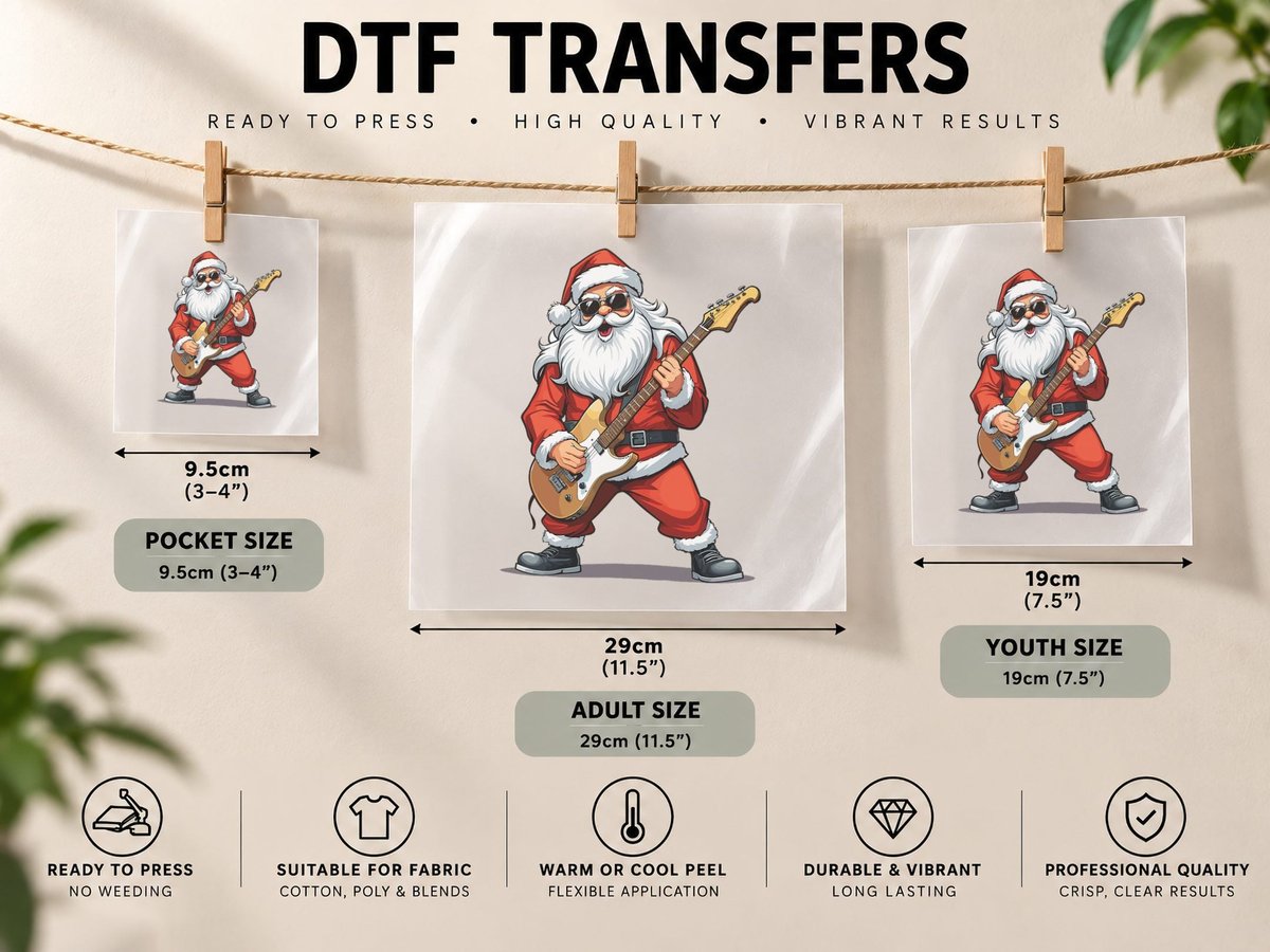 Santa Playing Guitar Funny Christmas Electric Guitar Santa DTF Transfer Iron On