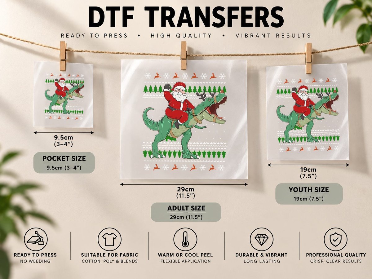 Santa Riding Dino Funny Christmas Ugly DTF Transfer Iron On