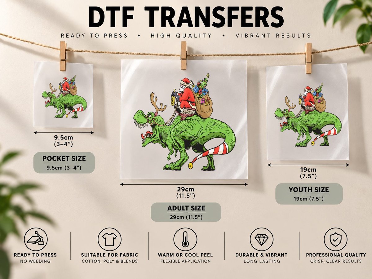 Santa Riding Dinosaur T-Rex Christmas Boys Men Xmas Squad DTF Transfer Iron On