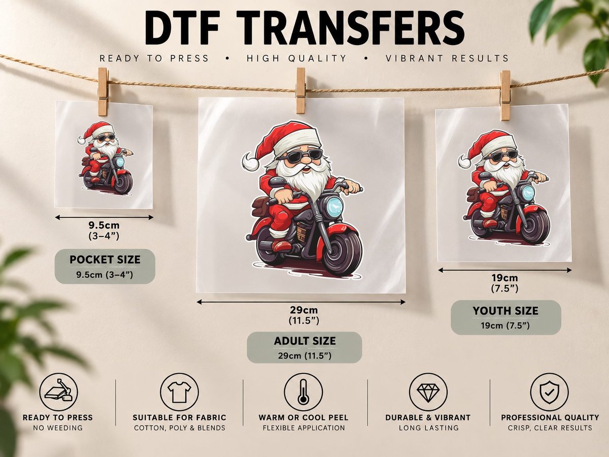 Santa Riding Motorcycle Christmas Biker Santa Xmas DTF Transfer Iron On