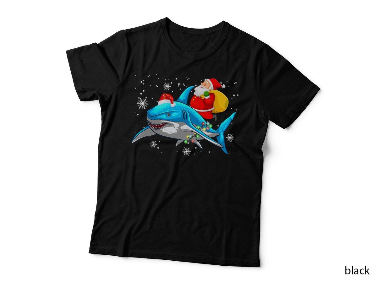Santa Riding Shark Christmas Tree Lights Ugly Pajama T-Shirt