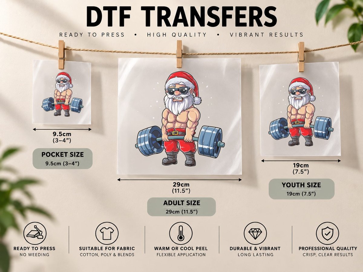 Santa Weightlifting Christmas Fitness Gym Deadlift Xmas Men DTF Transfer Iron On