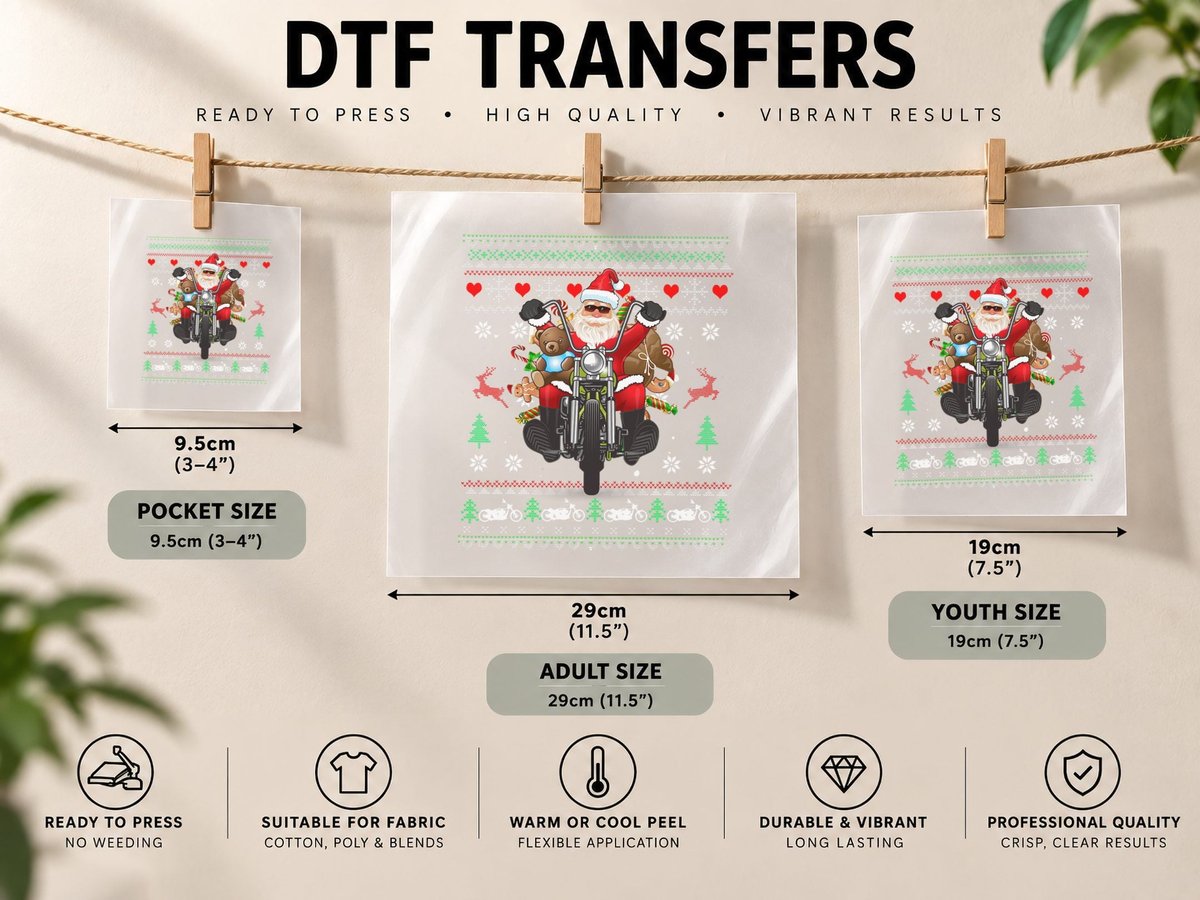 Santa on Motorcycle, Merry Christmas, Men, Biker DTF Transfer Iron On