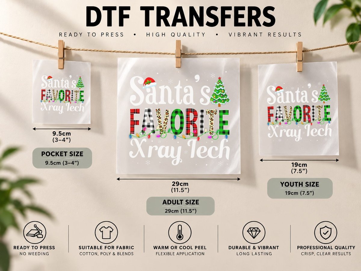 Santa's Favorite X-Ray Tech Cute Buffalo Plaid Christmas DTF Transfer Iron On