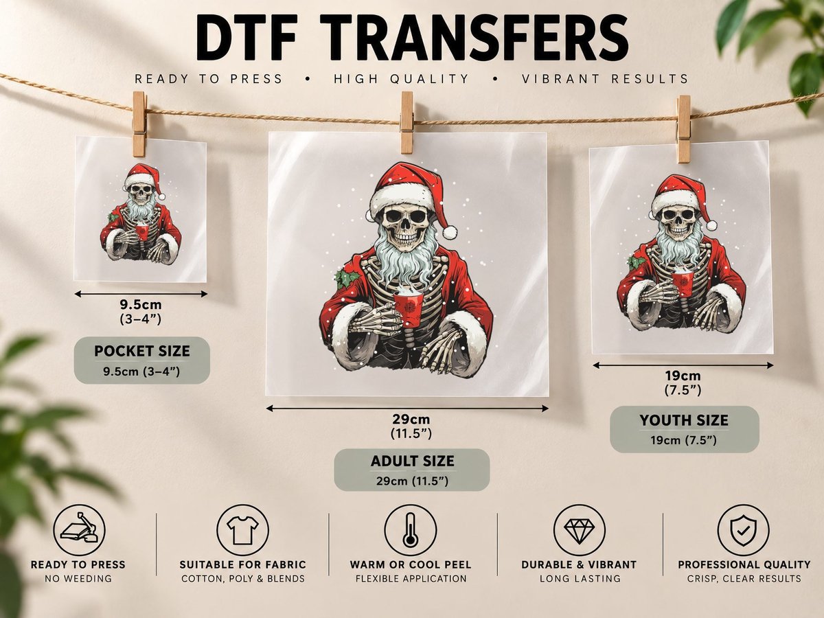 Skeleton Santa, Dead Inside Santa, Christmas Skull Funny DTF Transfer Iron On