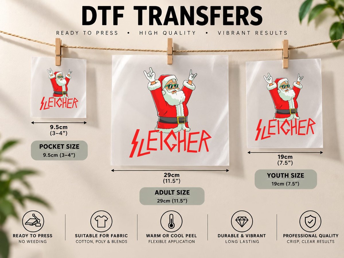 Sleigher Funny Christmas Heavy Metal Music Gifts Men Women DTF Transfer Iron On