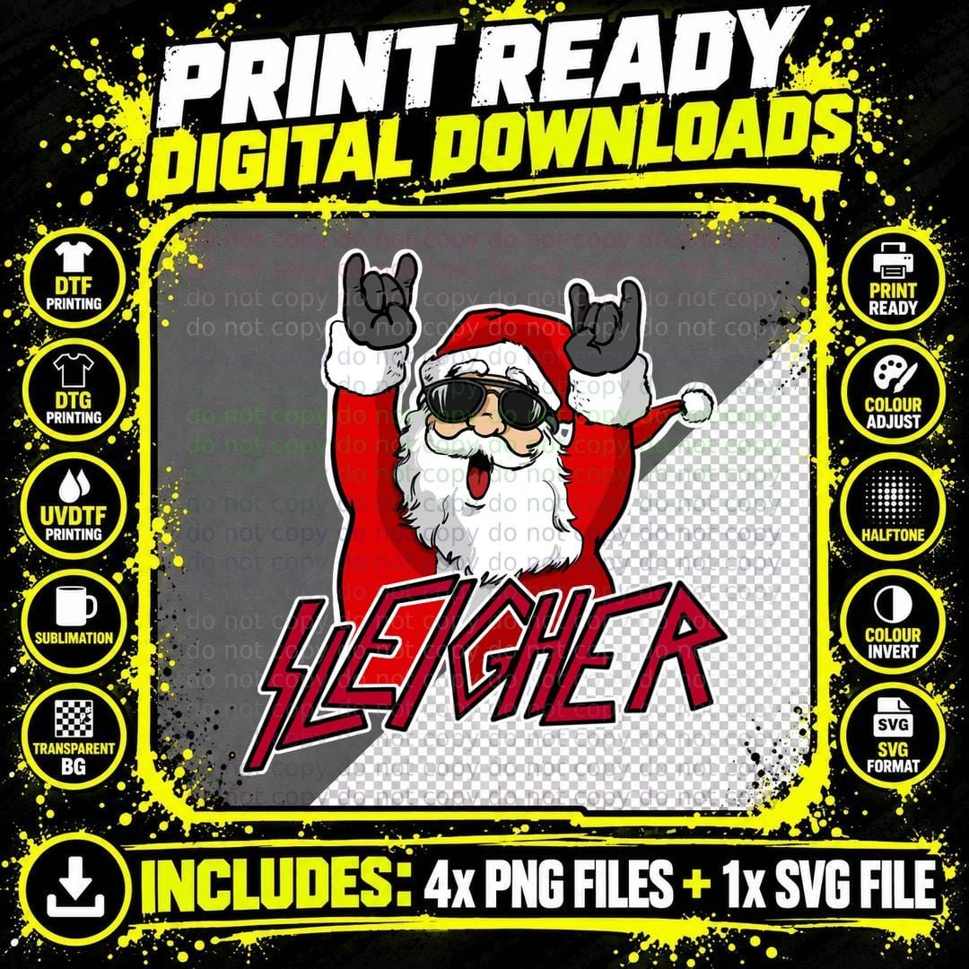 Sleigher Santa Claus Metal Christmas Funny Hail Santa Png SVG Digital Bundle