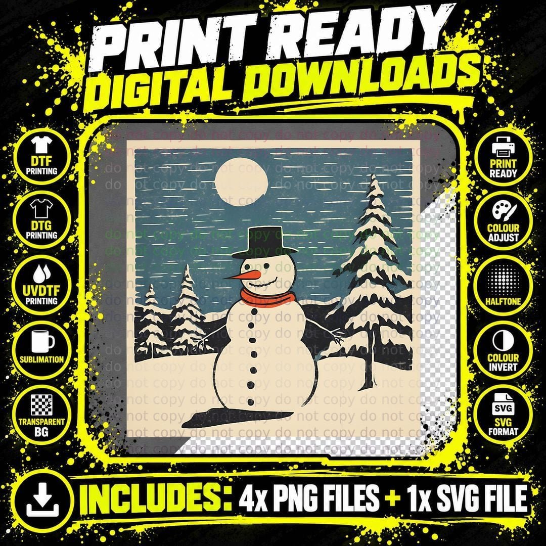 Snowman Winter Motif Vintage Retro Christmas Xmas T-Shirt Png SVG Digital Bundle