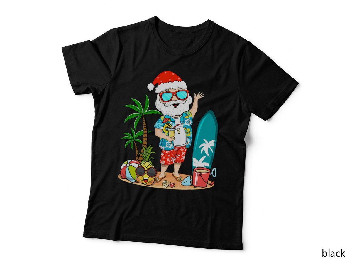 Summer Christmas in July - Tropical Santa Surfing Hawaiian T-Shirt