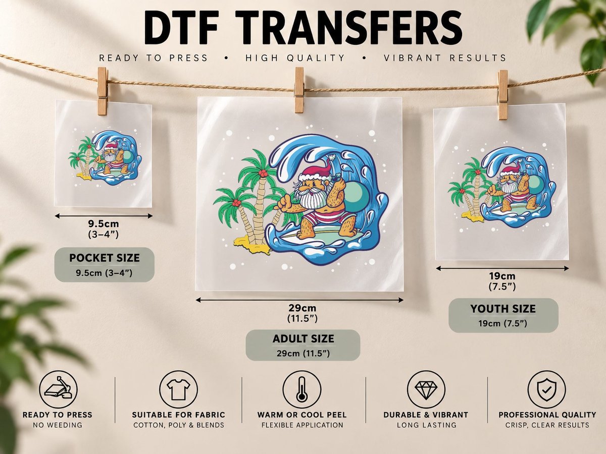 Summer Santa Surfing Beach Waves Christmas in July DTF Transfer Iron On