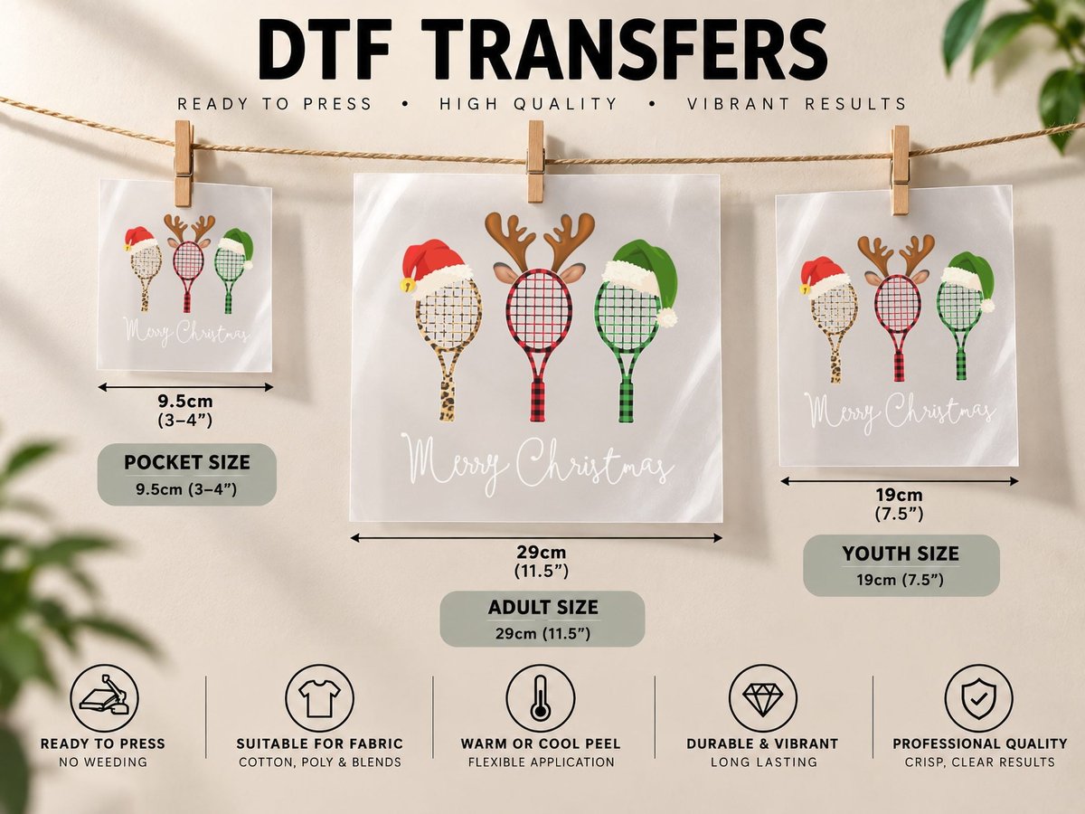 Tennis Merry Chistmas 3 Tennis Racket Christmas DTF Transfer Iron On