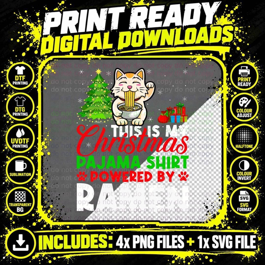 This Is My Christmas Pajama Shirt Powered by Ramen Cat Png SVG Digital Bundle