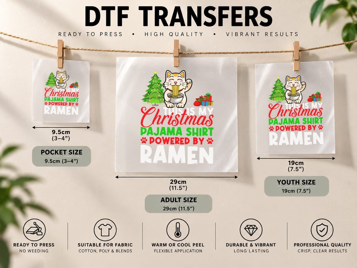 This Is My Christmas Pajama Powered by Ramen Cat Xmas DTF Transfer Iron On