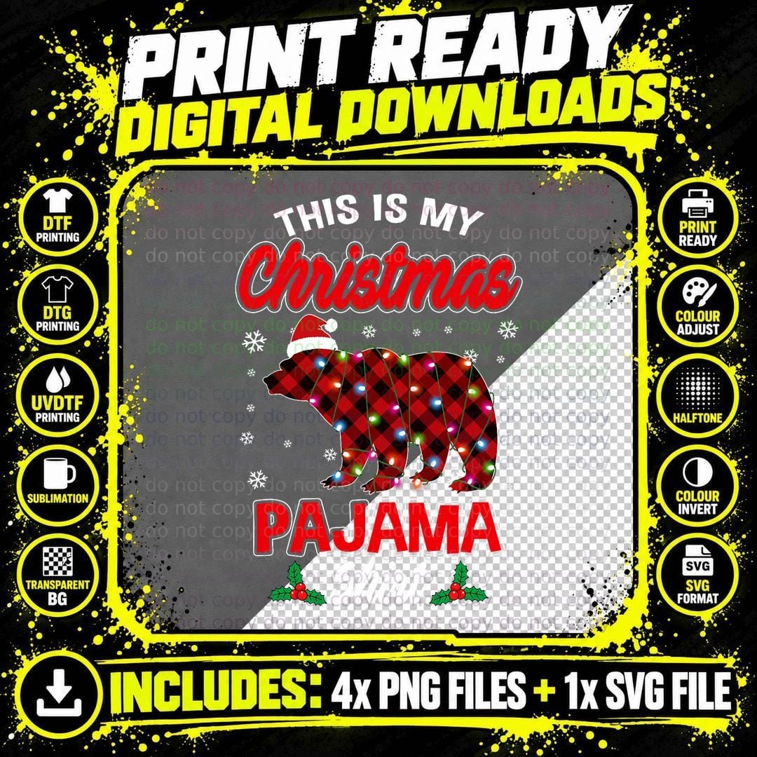 This Is My Christmas Pajama Shirt Santa Bear Plaid Red Png SVG Digital Bundle
