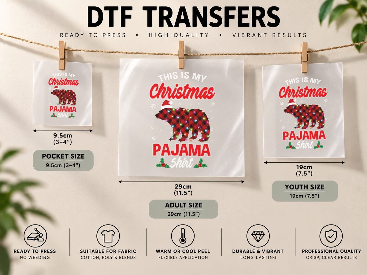 This Is My Christmas Pajama Santa Bear Plaid Red Xmas DTF Transfer Iron On