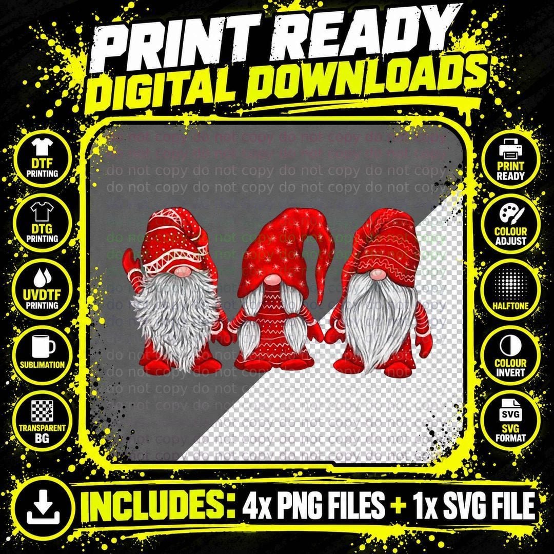 Three Gnomes in Red Costume Christmas - Hanging with Png SVG Digital Bundle