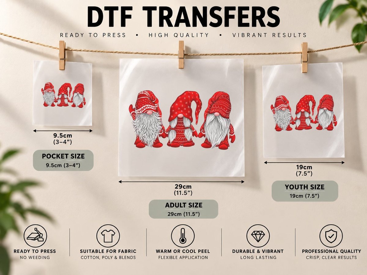 Three Gnomes in Red Costume Christmas - Hanging with Gnomes DTF Transfer Iron On