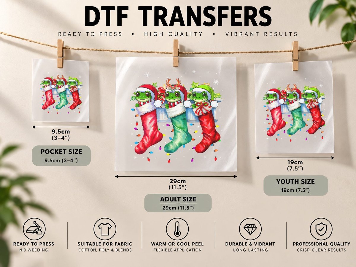Three Santa Reindeer Elf Frogs Inside Christmas Socks DTF Transfer Iron On