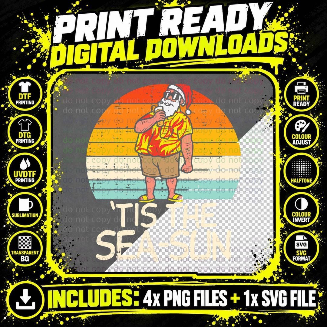 Tis the Sea Sun Santa Sunset Retro Christmas in July Png SVG Digital Bundle