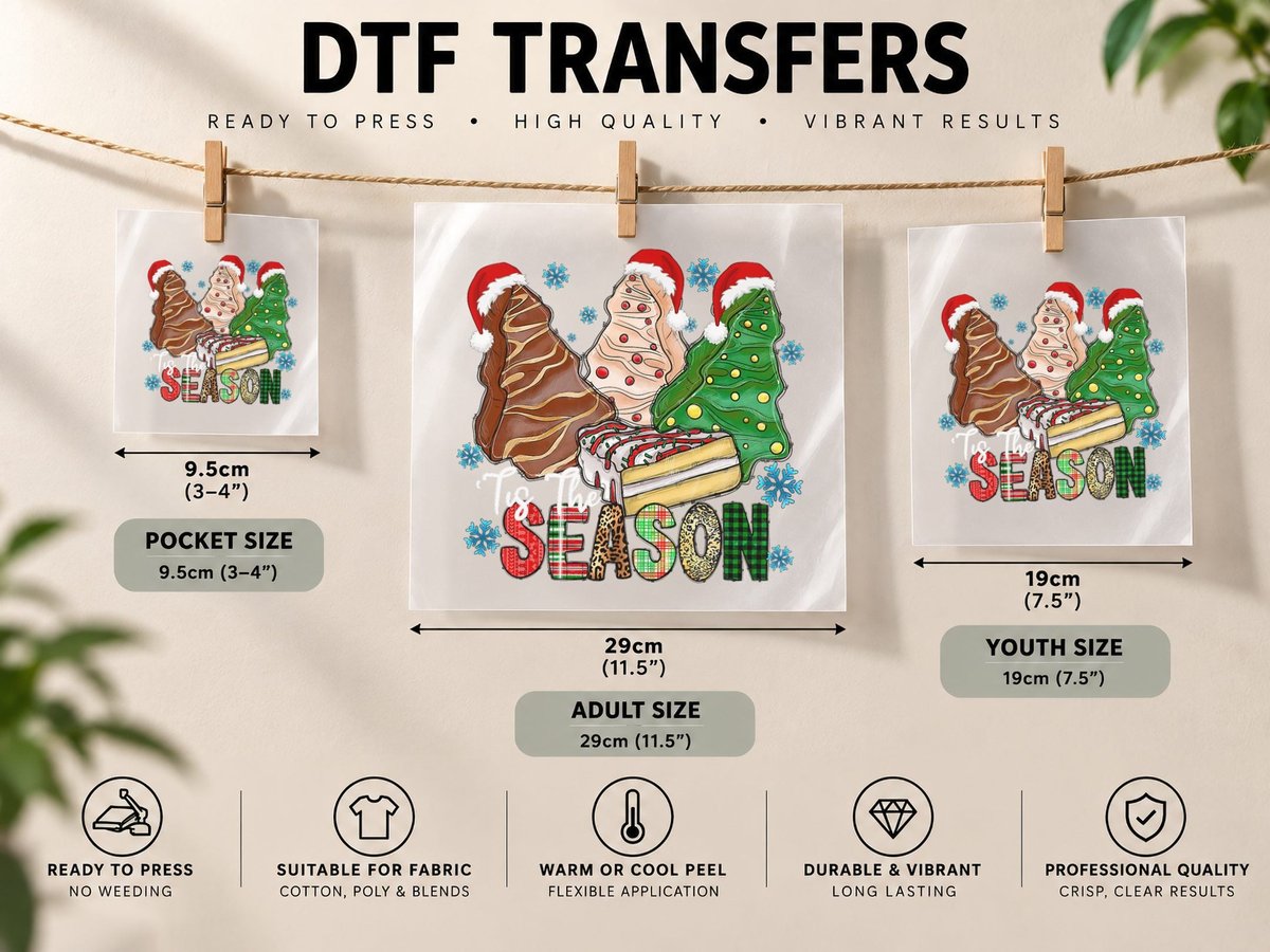 Tis the Season Christmas Tree Cakes Santa Hat Women Men DTF Transfer Iron On