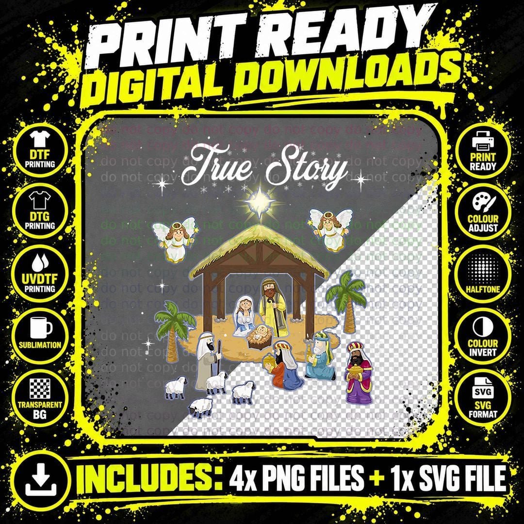 True Story of Jesus Birth Christmas Nativity Catholic Png SVG Digital Bundle