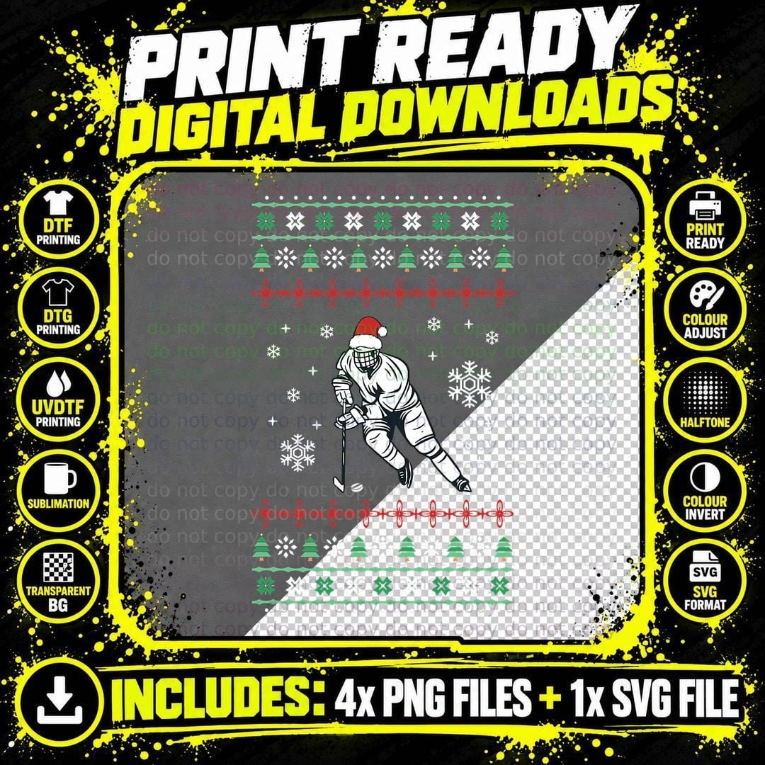 Ugly Christmas Hockey Sport - Christmas Ice Hockey Png SVG Digital Bundle