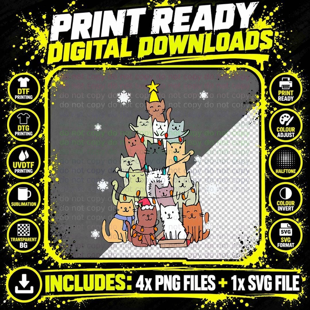Ugly Christmas Sweater Cat Tree - Funny Xmas Cat Gift Png SVG Digital Bundle