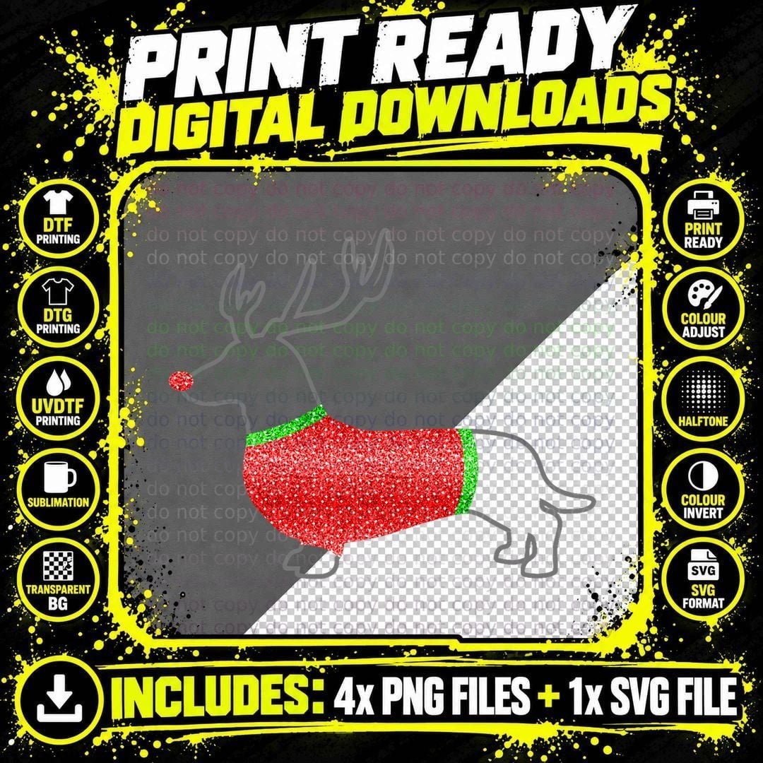 Ugly Christmas Sweater Wearing Dachshund T-Shirt Png SVG Digital Bundle