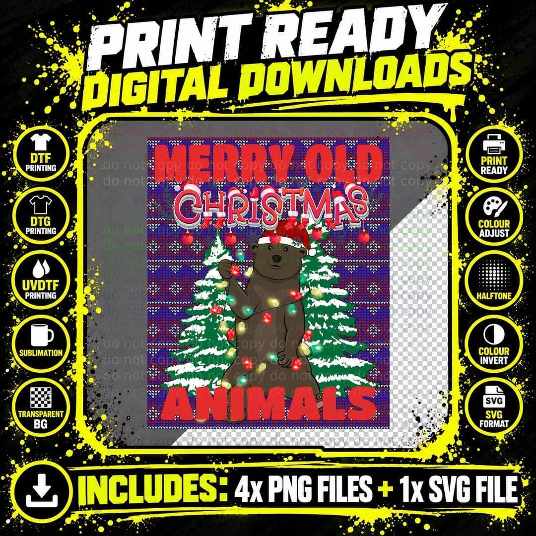 Ugly Merry Old Christmas Animals Sweater Bear Lights Png SVG Digital Bundle