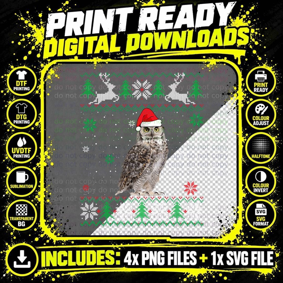 Ugly Sweater Christmas Owl Lover Santa Hat Animals Png SVG Digital Bundle