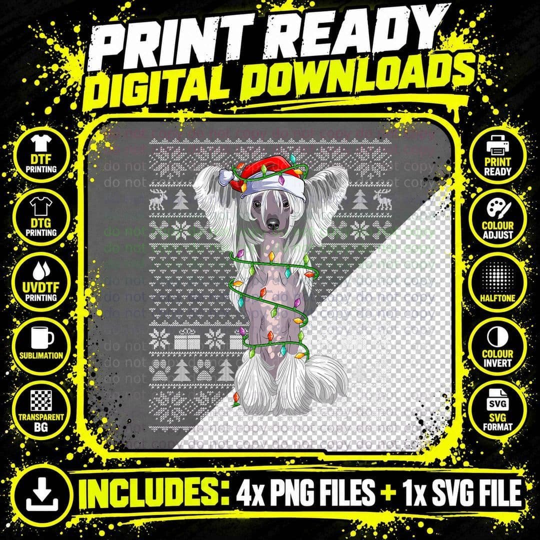 Ugly Xmas Lighting Santa Chinese Crested Dog Christmas Png SVG Digital Bundle
