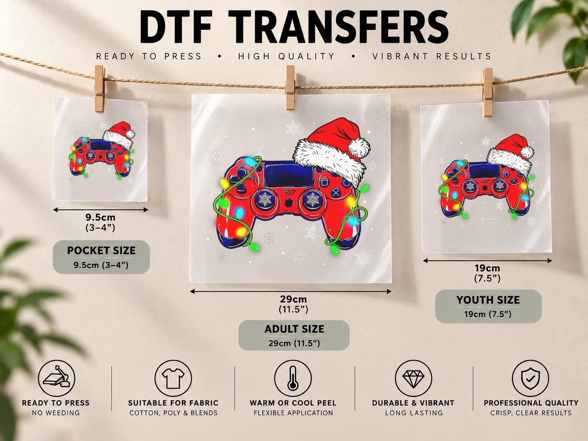 Video Game Controller Christmas Santa Hat Gamer Boys DTF Transfer Iron On