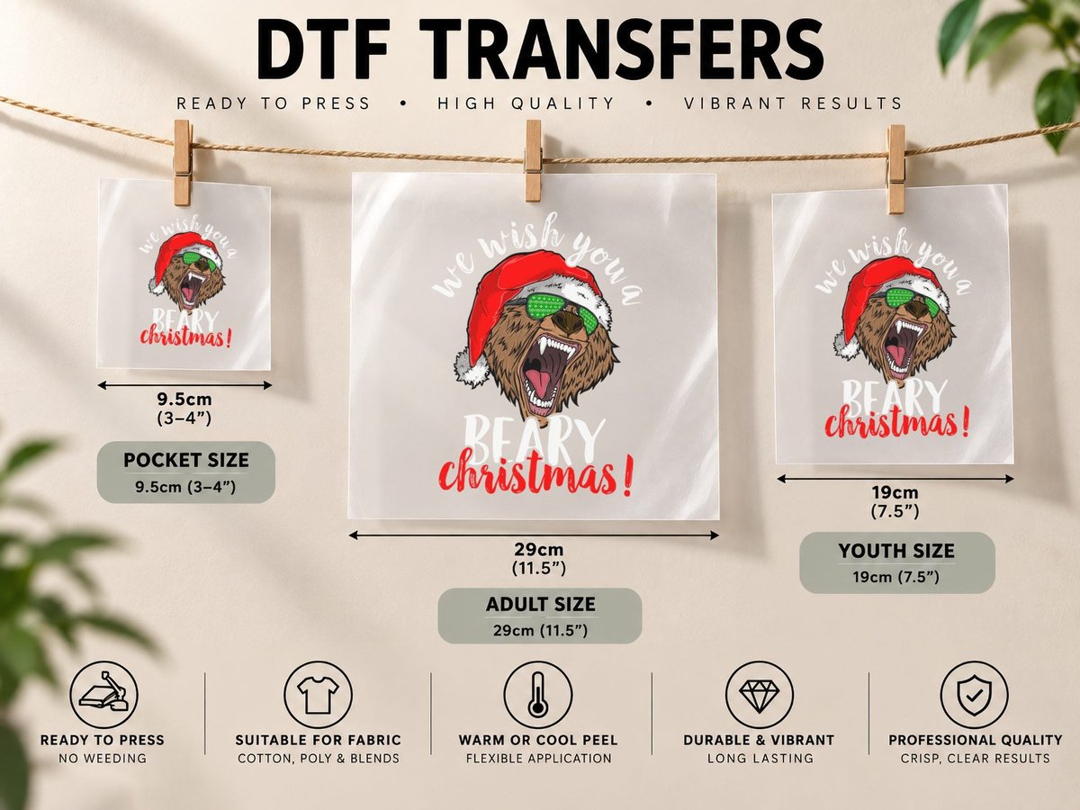 We Wish You a Beary Christmas Santa Bear Xmas Sunglasses DTF Transfer Iron On