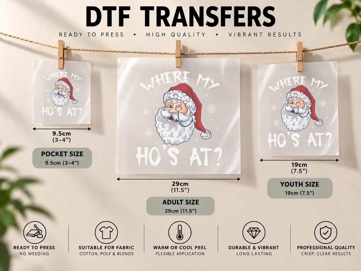 Where My Hos at Christmas Pajamas Santa Adult Humor Funny DTF Transfer Iron On