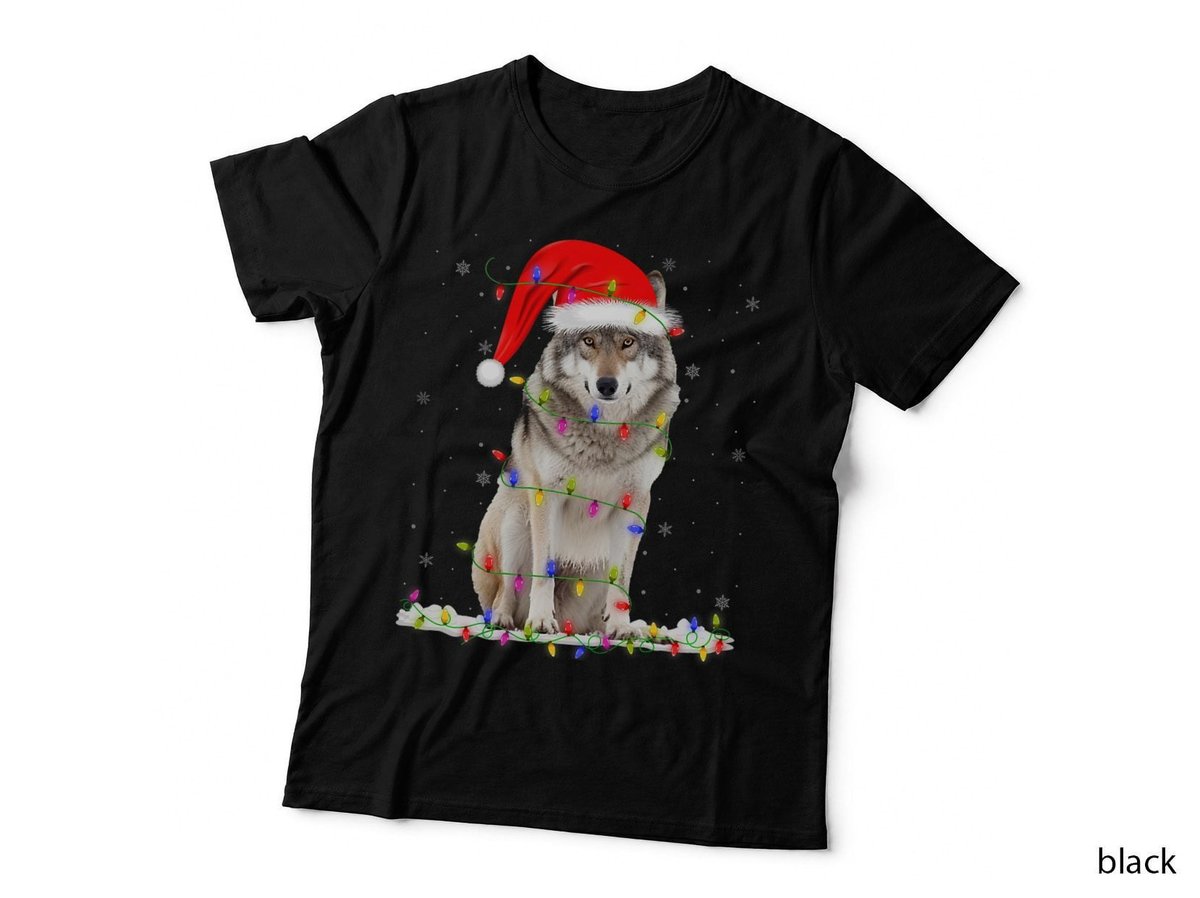 Wolf Animals Lover Xmas Lighting Santa Wolf Christmas T-Shirt