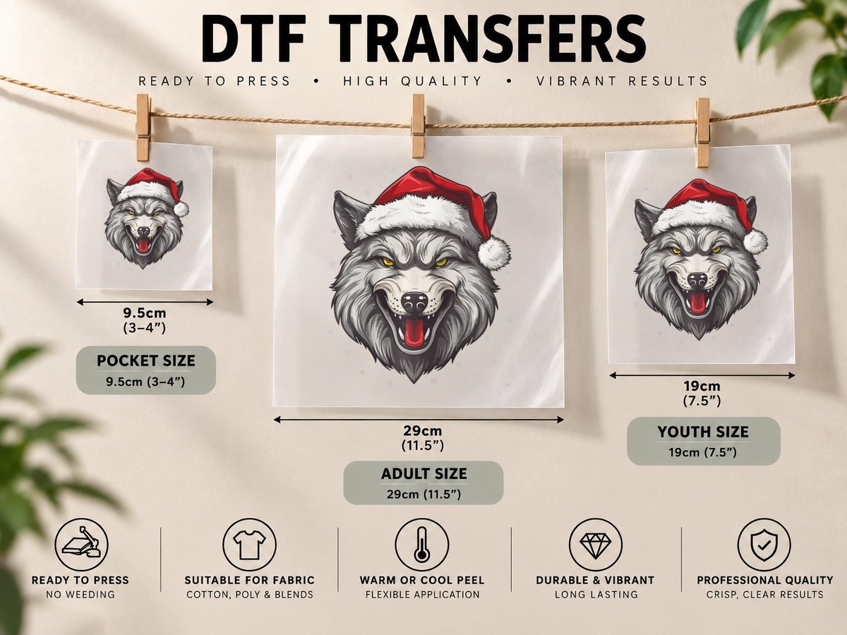 Wolf Lover Xmas Holiday Santa Wolf Christmas DTF Transfer Iron On