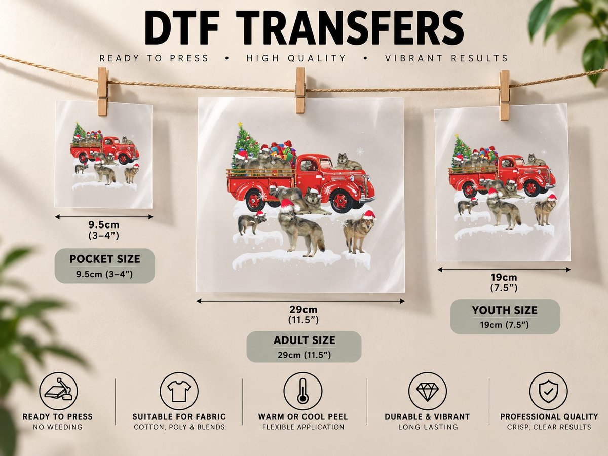 Wolf Riding Red Truck Merry Christmas X-Mas Ugly Gift DTF Transfer Iron On