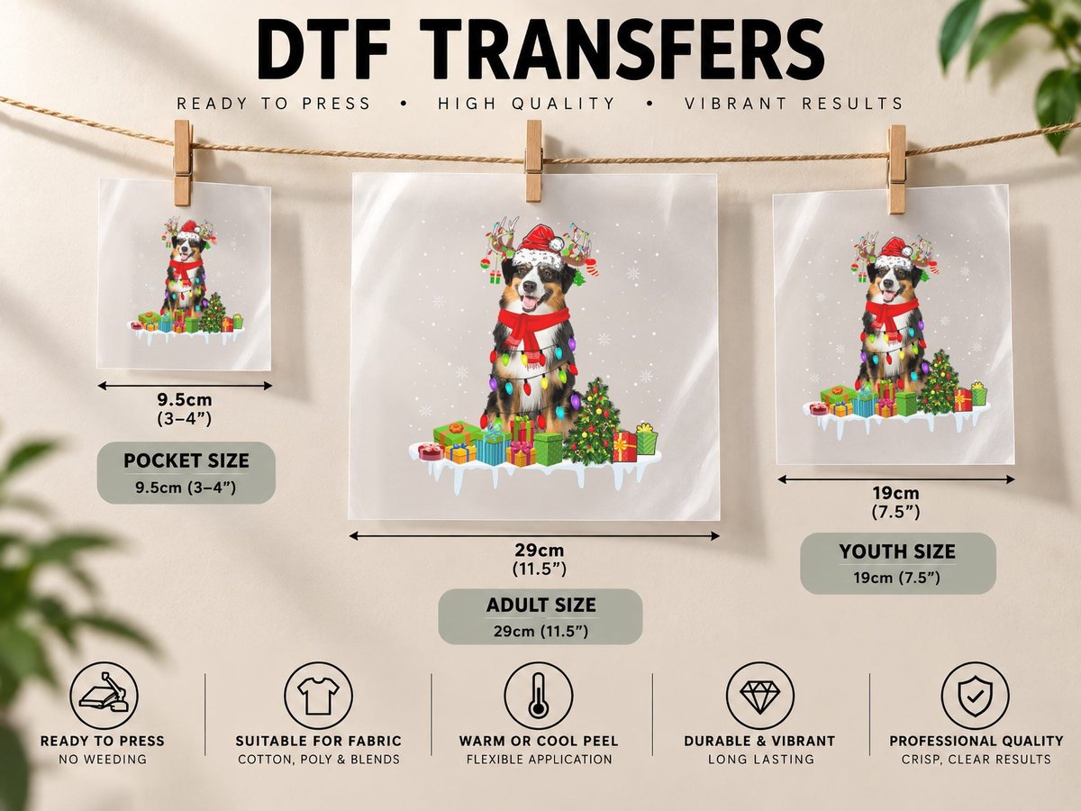 Xmas Australian Shepherd Christmas Lights Santa Reindeer DTF Transfer Iron On