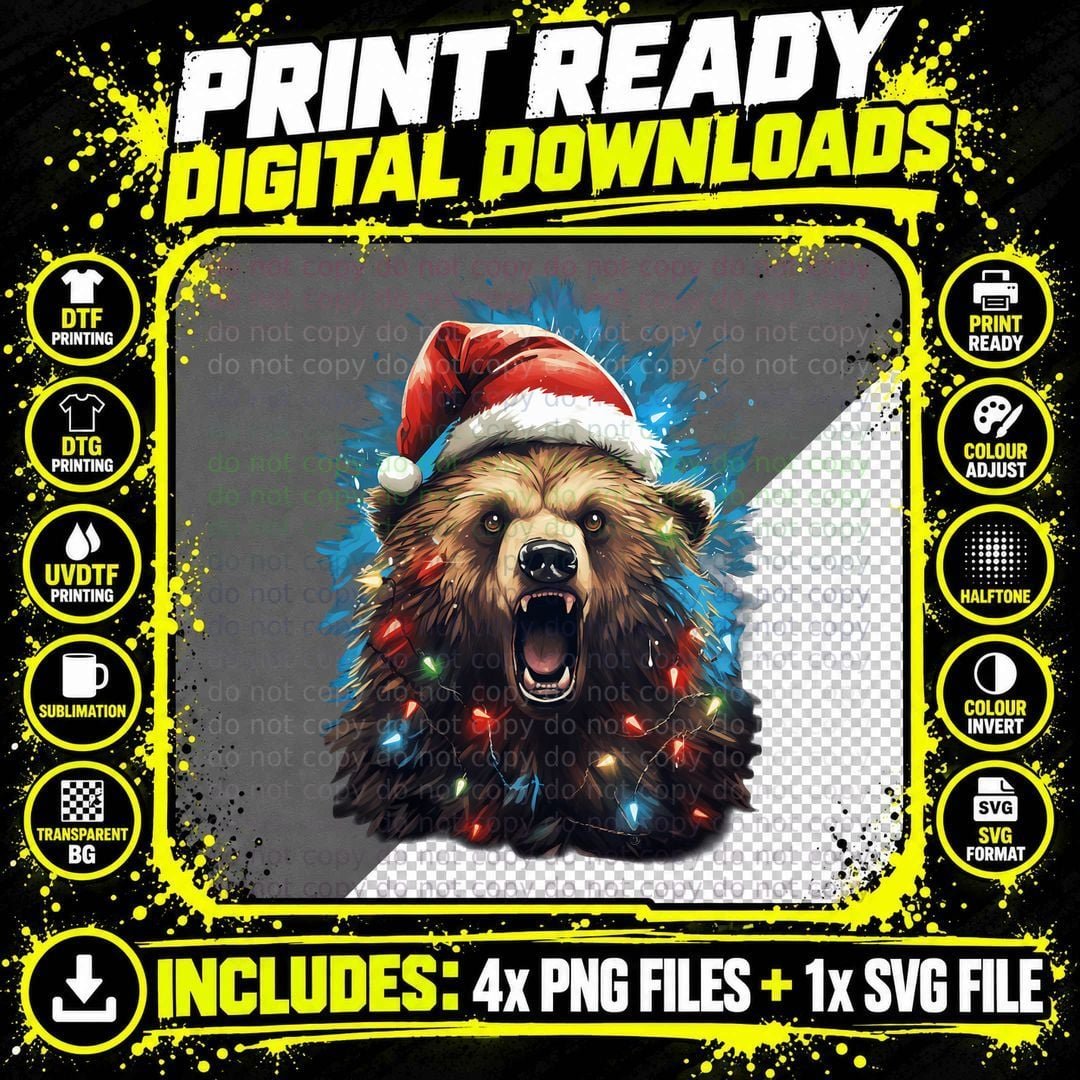 Xmas Grizzly Bear Tangled Christmas Lights T-Shirt Png SVG Digital Bundle