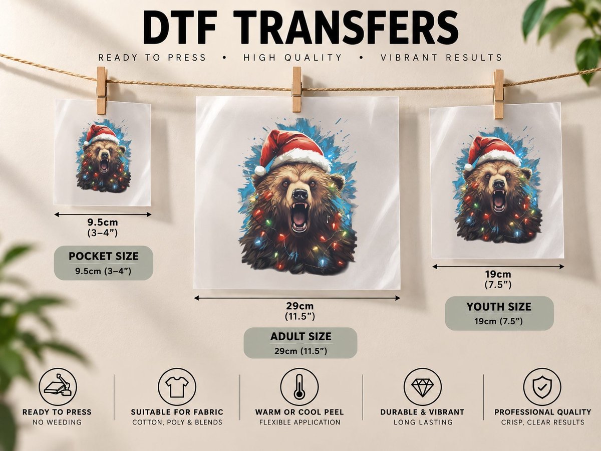Xmas Grizzly Bear Tangled Christmas Lights DTF Transfer Iron On