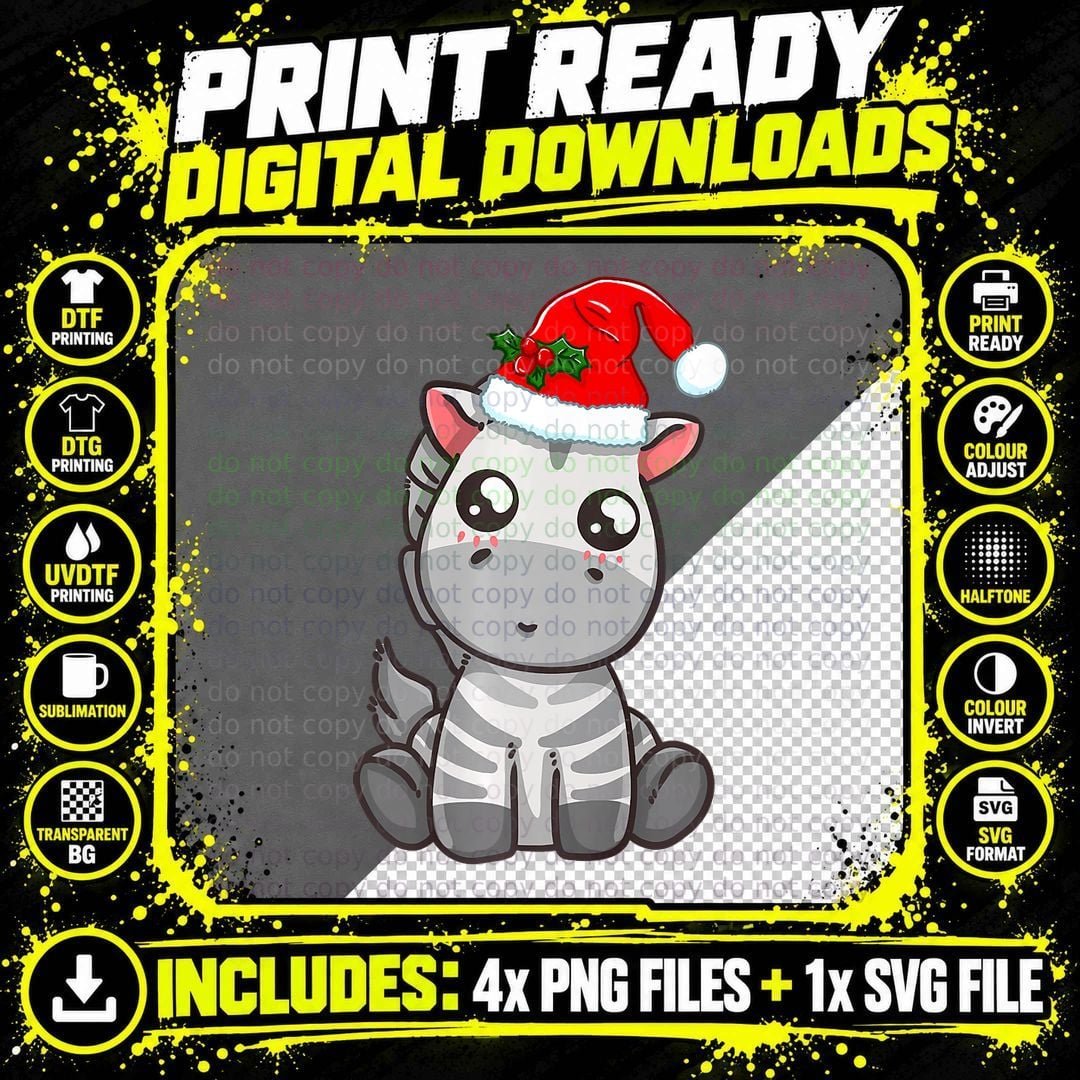 Xmas Kawaii Zebra Christmas Animal Santa's Hat Png SVG Digital Bundle