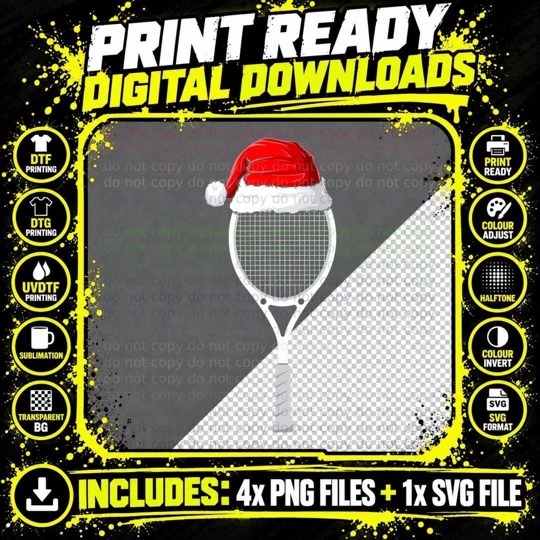 Xmas Santa Hat Tennis Racket Christmas Tennis T-Shirt Png SVG Digital Bundle