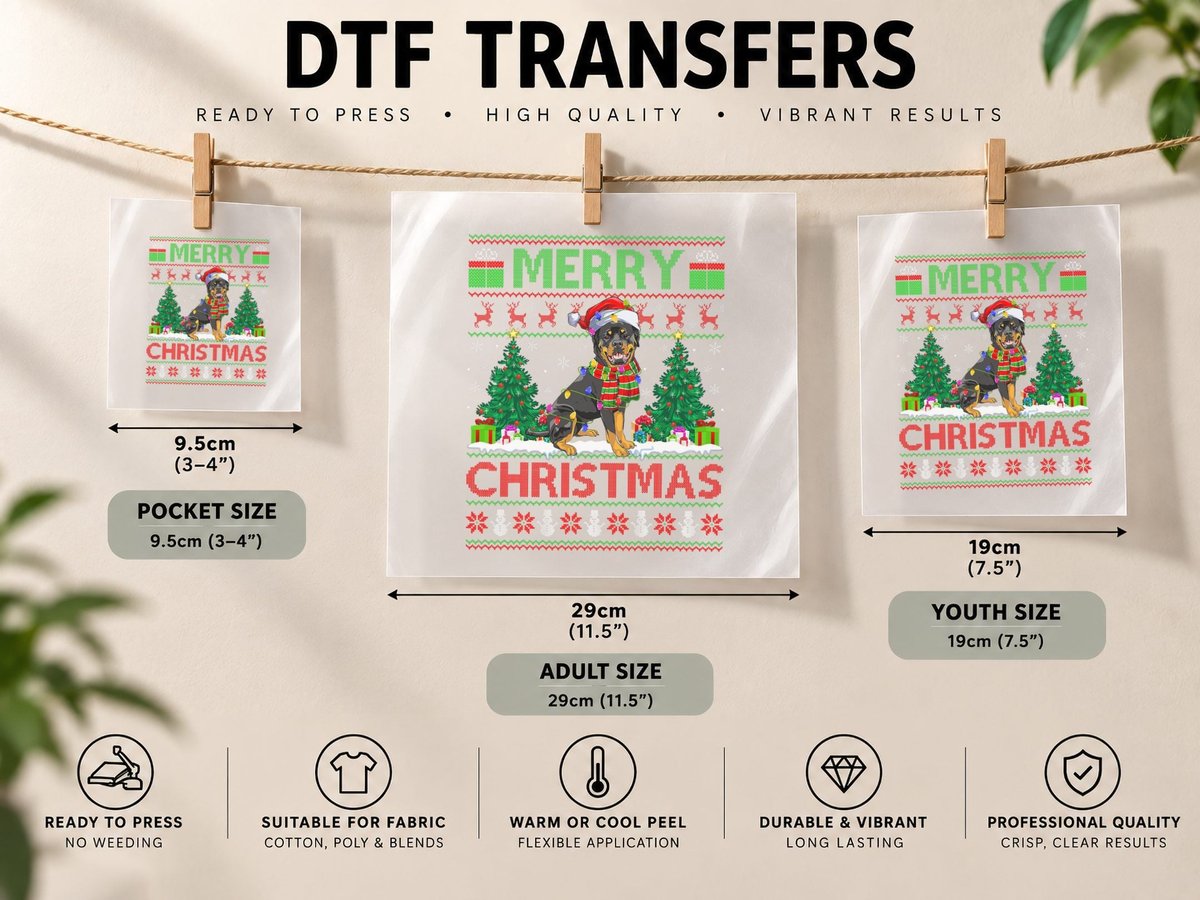 Xmas Tree Lights Ugly Santa Rottweiler Dog Christmas DTF Transfer Iron On