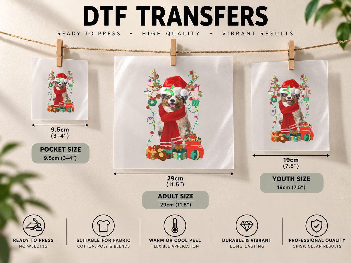 Australian Shepherd Christmas, Festive Holiday Style DTF Transfer Iron On