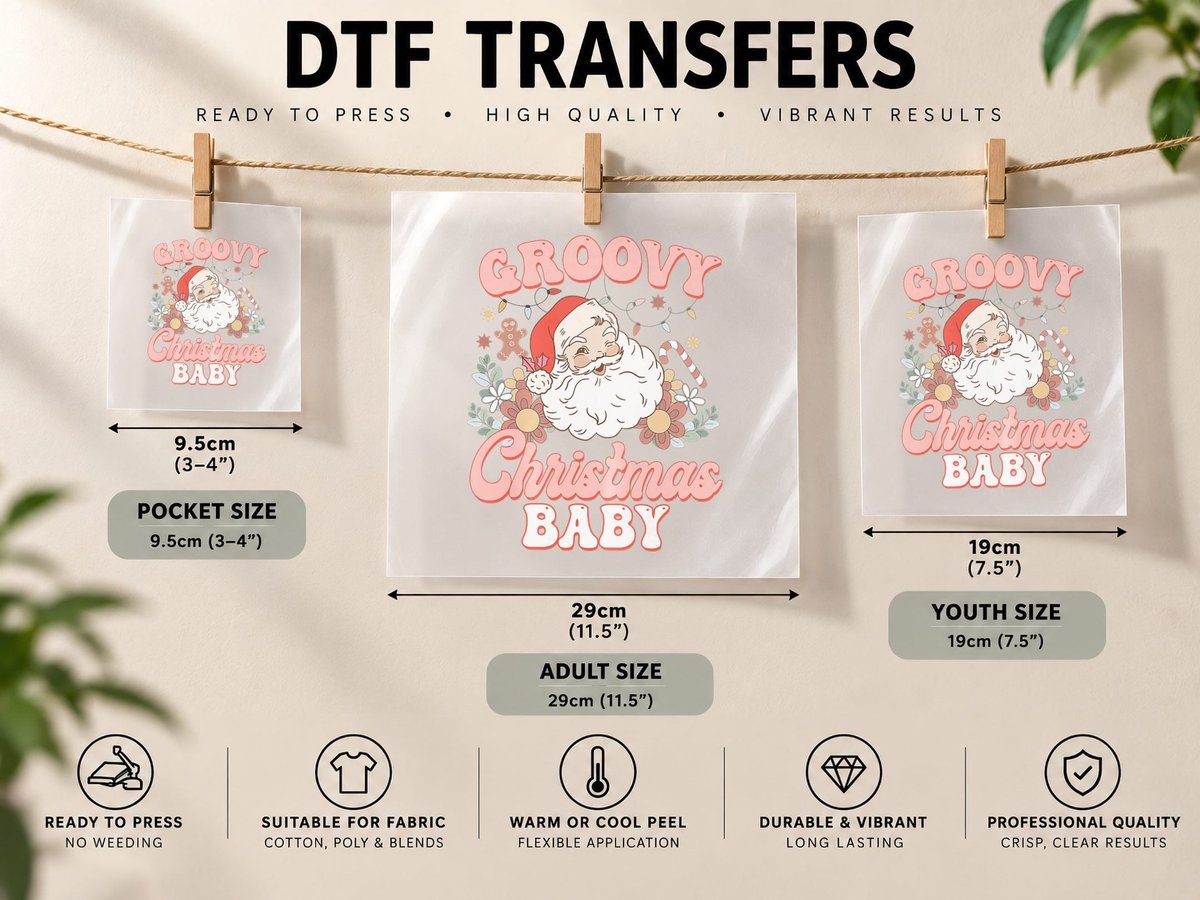 Baby Child Groovy Christmas Pink Vintage Santa Retro Family DTF Transfer Iron On