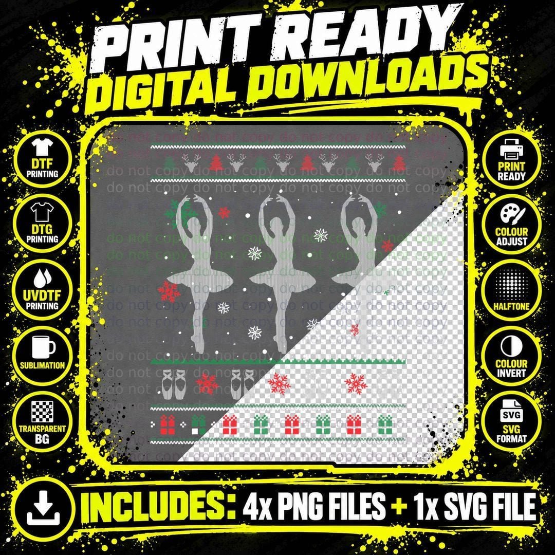 Ballet Dancer Ballerina Ugly Christmas Sweater Pointe Png SVG Digital Bundle